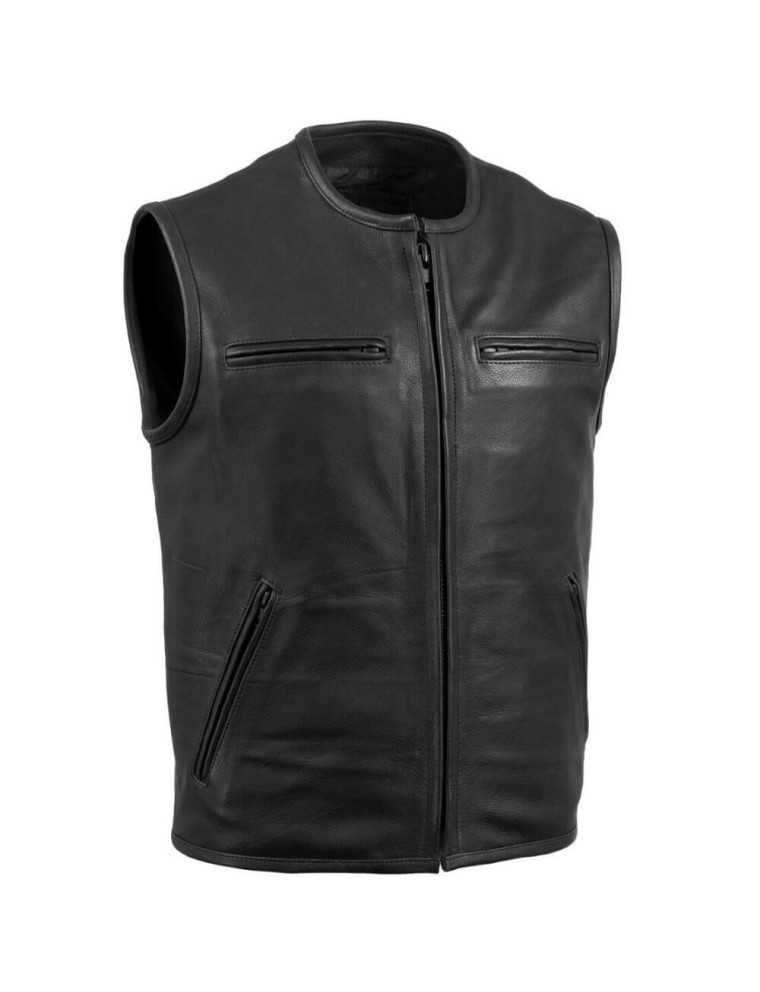 Gilet Cuir Moto Homme Kerozen – Veste Sans Manches Buffle Pleine Fleur Vintage – Sangles Latérales Réglables