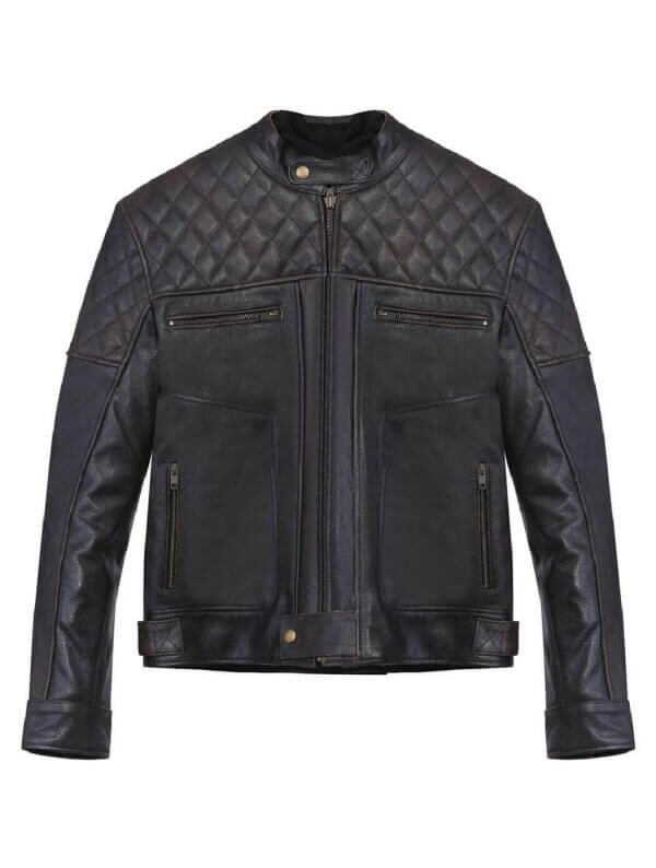 Blouson en cuir noir matelassé esprit motard Homme