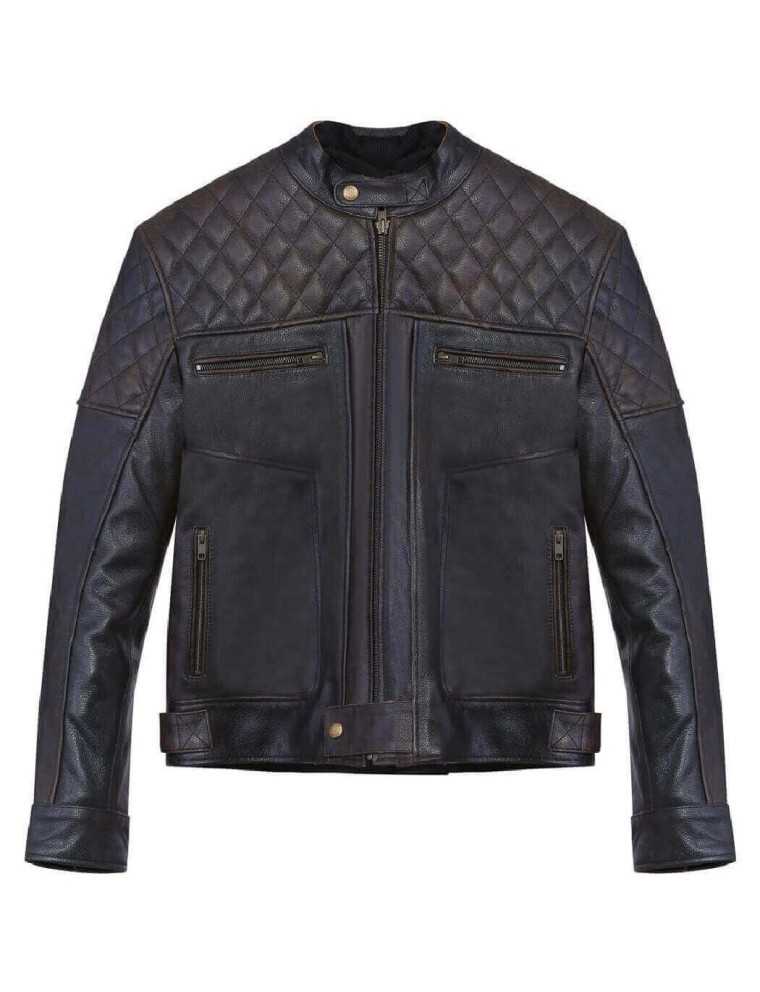 Blouson Moto Cuir Marron Quadrillé Matelassé