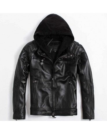 Blouson Moto Capuche Moto Zolki Cuir Noir