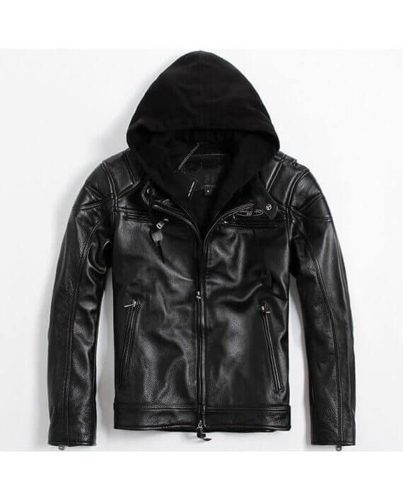 Blouson Moto Capuche Moto Zolki Cuir Noir