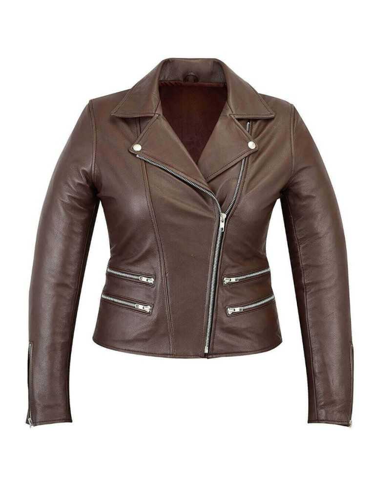 Blouson Moto Femme Cuir Marron Vintage Zolki