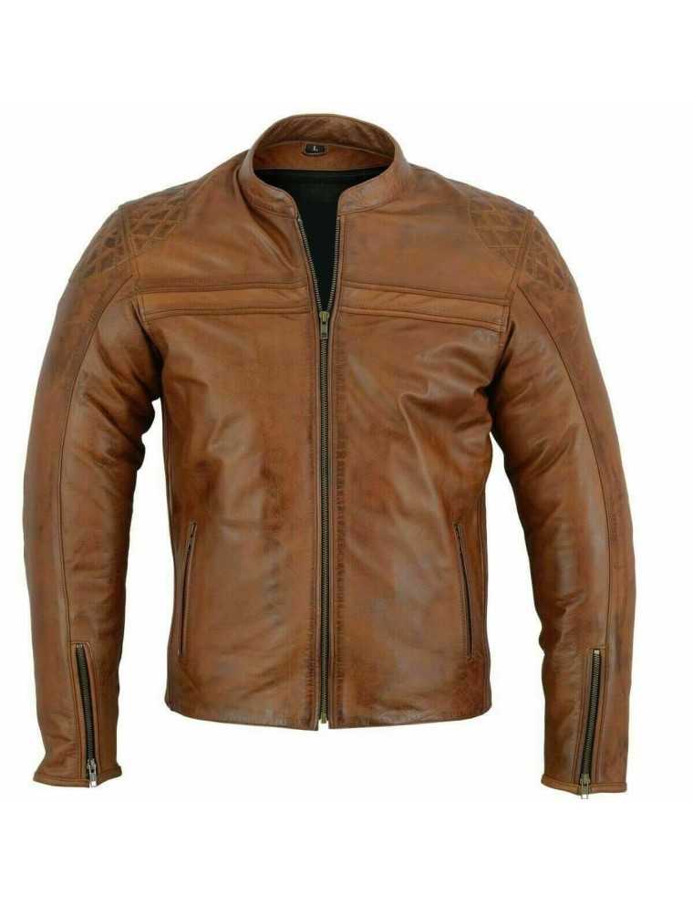 Blouson Moto Cuir Vintage Camel Homme